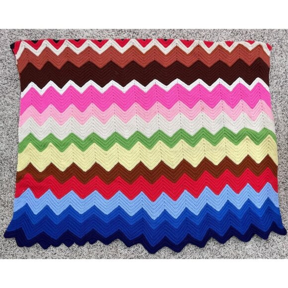 100"x58" Large Handmade Rainbow Stripe Chevron Colorful Pride Crochet AFGHAN Bed - Picture 3 of 5